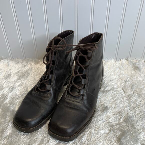 Vintage Brown Leather Boots Square Toe Sz 8 - Picture 4 of 7